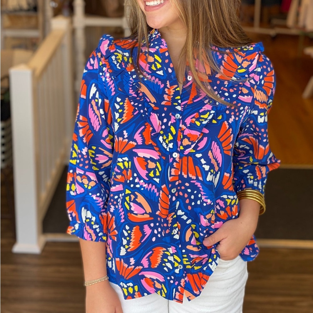 Michelle McDowell Kelly Top So Fly Blue Ruffle Button Up Size Medium‎